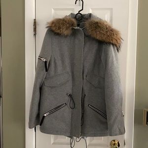 SAM MINI DELANCEY GRAY WOOL RACOON FUR TRIM JACKET FELT PARKA COAT ANORAK SIZEXS